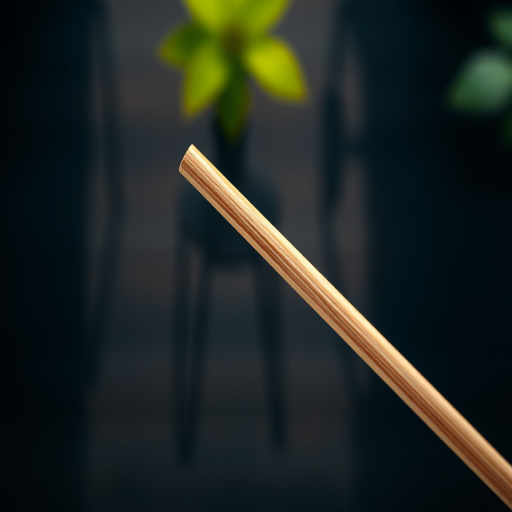 Create an image of a realistic wooden chopstick, using a Canon EOS R5 camera, 50mm lens, aperture f/2.8, ISO 100, natural lighting, top-down view, shallow depth of field for a soft background, and vibrant color enhancement.