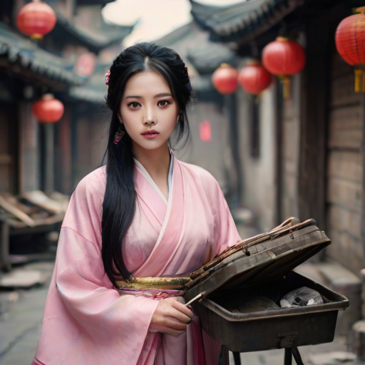 Ancient Chinese theme Ancient Chinese woman, wearing pink Hanfu, long black hair, delicate face Pale with fear, trembling under the garbage cart, beside an ancient street. bokeh,clear texture,super fine details,super clear resolution Rate
