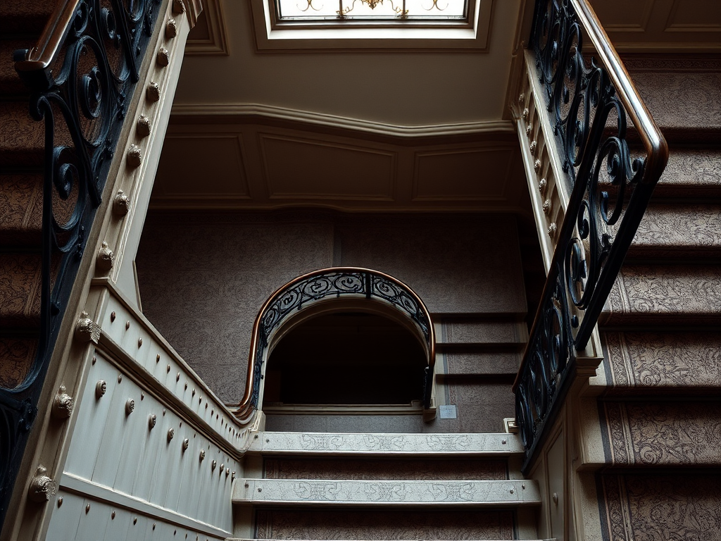a wide-angle view of an elegant staircase with ornate metal railings, shot with a DSLR camera at f/8 aperture, ISO 100, 1/125 sec shutter speed, natural lighting, focus on textures and details, high-resolution image