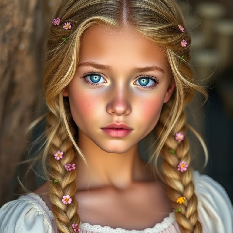 Create an image of a young Quechua woman with long, wavy blonde hair, adorned with small, colorful flowers woven into her braids and loose strands. Her complexion is fair, with soft, glowing skin, and she has light blue eyes that gaze softly at the viewer. She wears a light, flowing dress with a gentle, ethereal quality, complementing her delicate and serene appearance. The background is slightly blurred, drawing focus to her tranquil expression and the intricate details of the flowers in her hair. The overall mood of the image is one of natural beauty and grace, evoking a sense of peacefulness and connection with nature.