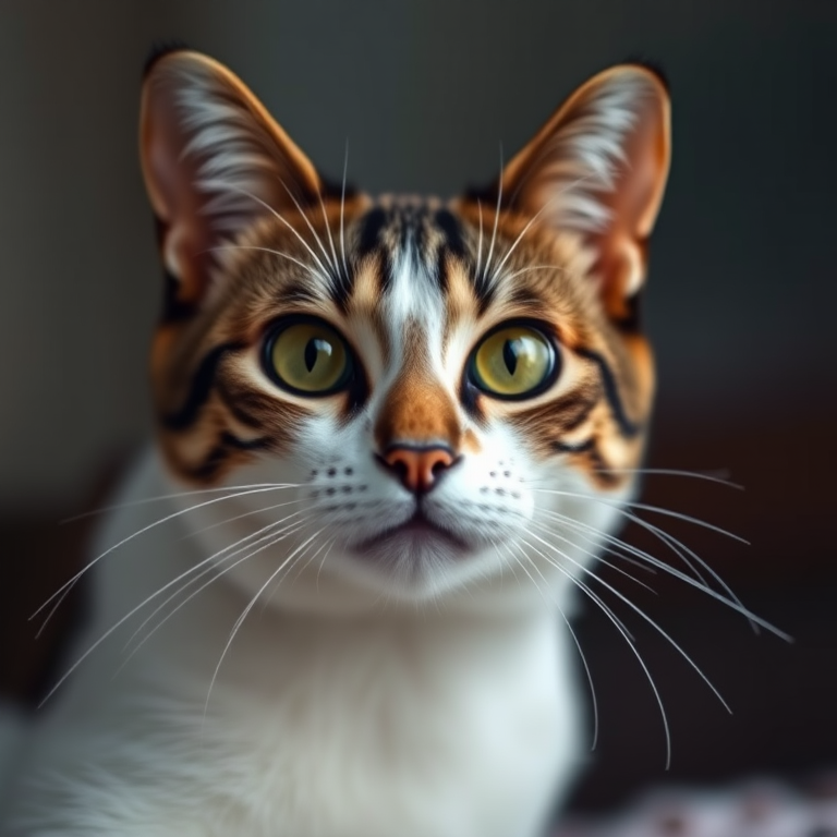 Generate a high-resolution image of a stylized cat, captured with a Canon EOS R5 camera, using a 50mm f/1.2 lens, at an aperture of f/2.8, ISO 100, with a shallow depth of field, soft lighting, and a close-up view to emphasize details.