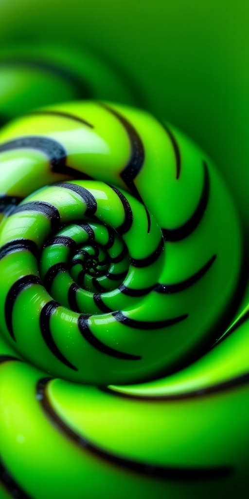 macro shot of a vibrant green and black spiral shell with high detail, ISO 100, f/8 aperture, 1/200 sec shutter speed, taken with a DSLR camera, natural light, shallow depth of field
