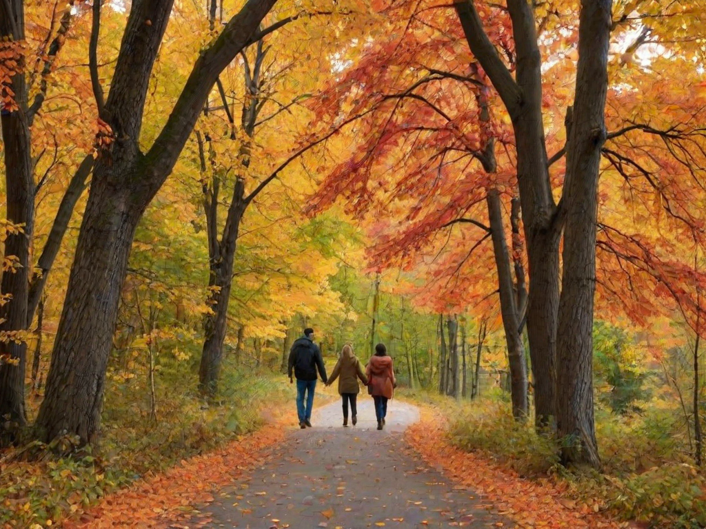Scenic autumn landscape, with trees displaying vibrant fall colors, a couple walking hand in hand along a winding path covered in leaves, creating a cozy and romantic atmosphere.