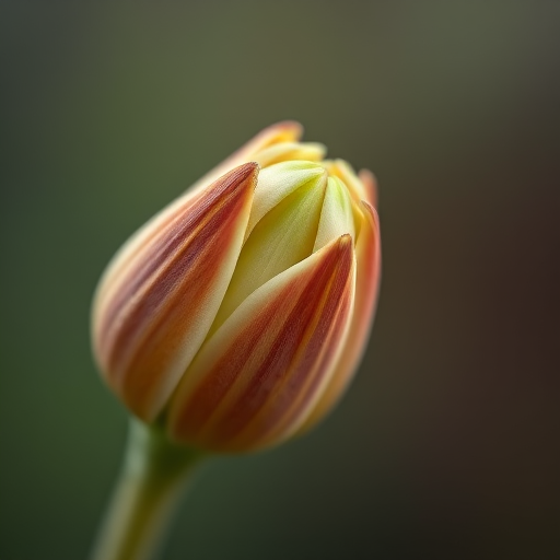 macro shot of a budding flower with sharp focus on details, aperture f/2.8, shutter speed 1/200s, ISO 100, 50mm lens, soft background blur, taken with a DSLR camera.