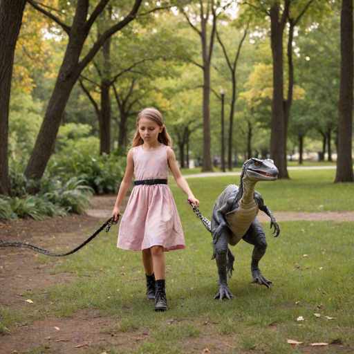 9 year old girl in a dress walking her pet Velociraptor on a leash through a park