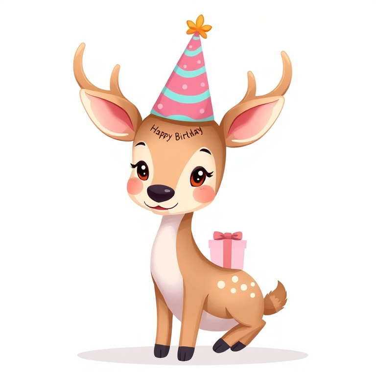 Create a cute illustration of a cartoon deer wearing a festive birthday hat and a small gift on its back, using a soft pastel color palette, high-resolution, with a DSLR camera, 50mm lens, f/2.8 aperture, natural light, and a shallow depth of field for a soft background.