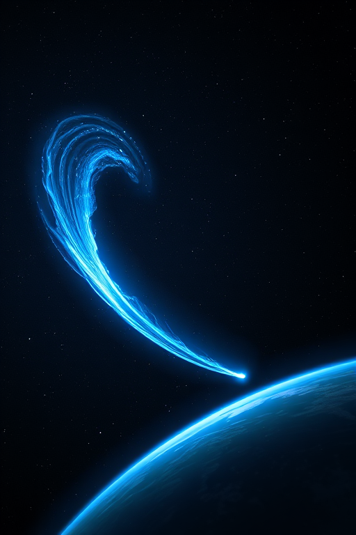 Create a high-resolution digital painting of a comet approaching Earth, featuring vivid blue trails and a dark cosmic background, captured with a DSLR camera at f/4.0, ISO 100, 24mm lens, with a wide-angle view to enhance depth and detail.