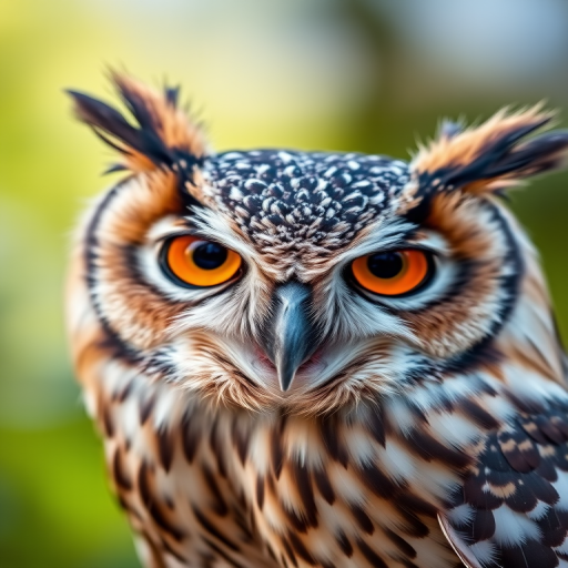 Regenerate an image of a majestic owl with vivid orange eyes, sharp feathers, and a slightly tilted head, captured with a DSLR camera at f/2.8 aperture, 1/200 shutter speed, ISO 200, in natural light, using a shallow depth of field for a blurred background, taken from a close-up perspective.