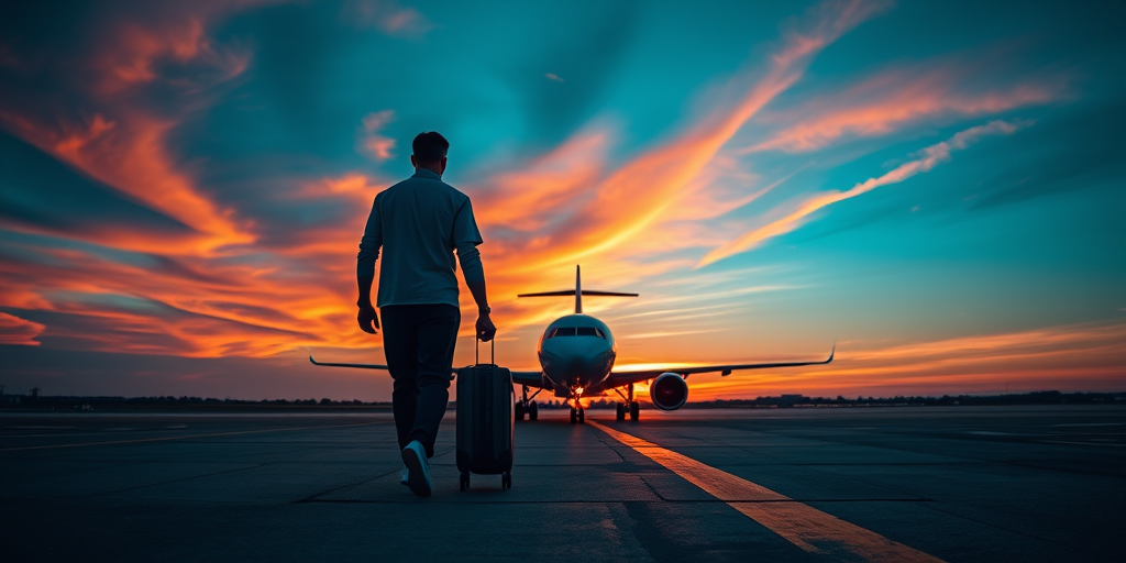 Generate an image of a person walking towards an airplane on a runway during sunset, carrying a suitcase, with vibrant colors in the sky, using a DSLR camera at f/2.8, ISO 100, 1/200s shutter speed, wide-angle lens, low-angle view to emphasize the subject and create a dramatic effect.