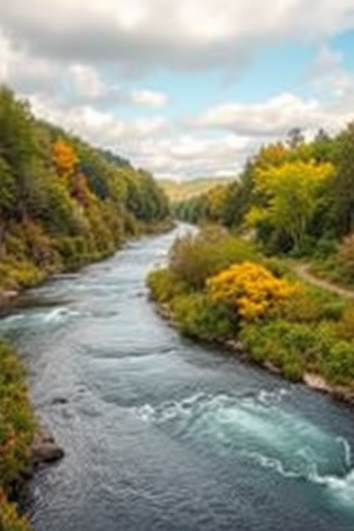 Generate a serene landscape image of a river surrounded by lush greenery and colorful foliage under a partly cloudy sky, using a DSLR camera with a 24mm lens, f/8 aperture, ISO 100, and a soft focus for a dreamy effect.