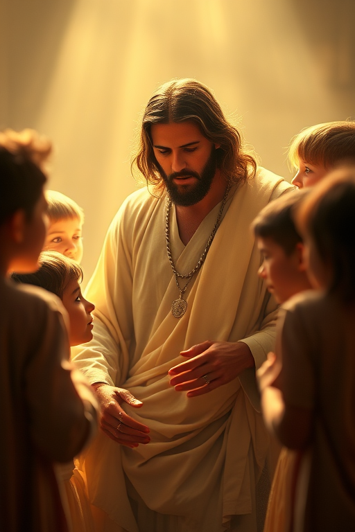 Create a soft-focus, ethereal image of Jesus surrounded by children in a serene moment, captured with a DSLR camera at f/2.8, ISO 200, 50mm lens, using a warm color palette and dramatic lighting to enhance the spiritual ambiance.