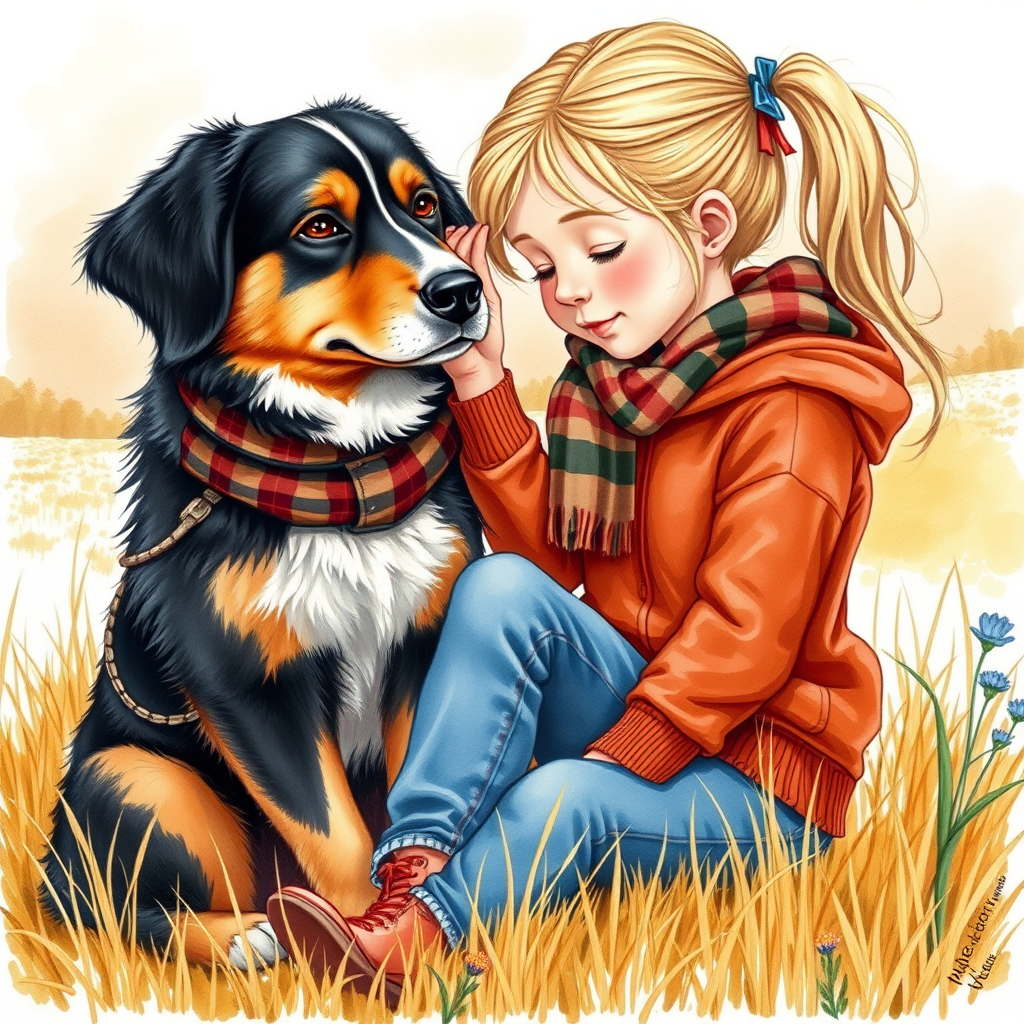 A detailed watercolor and acrylic illustration showing a heartwarming scene between a young blonde girl in pigtails and a Bearnaise Mountain dog. The girl, dressed in a rust hoodie, jeans, and a plaid scarf, gently rests her hand on the dog’s head. The dog, with black, copper, and white fur, sits beside her, tilting its head in affection. They sit on golden grass with wildflowers, against a sunny fall background. The artwork focuses on realistic textures and the tender bond between them.