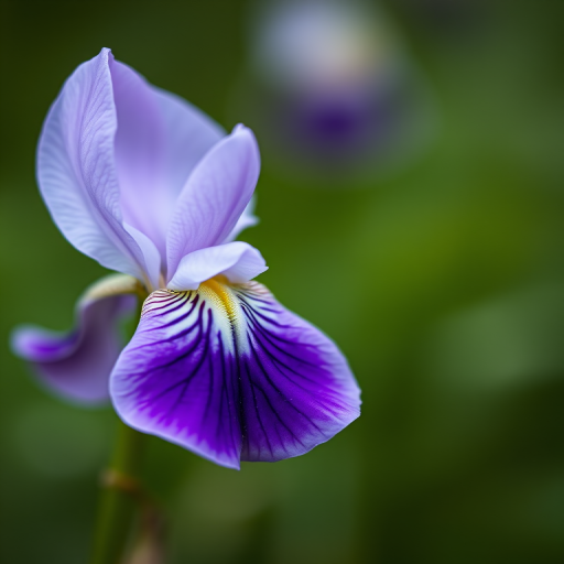 close-up shot of a purple and white flower on a blurred green background, taken with a Canon EOS R5, 85mm f/1.2 lens, aperture f/2.8, ISO 200, shutter speed 1/500s, natural light, macro photography style