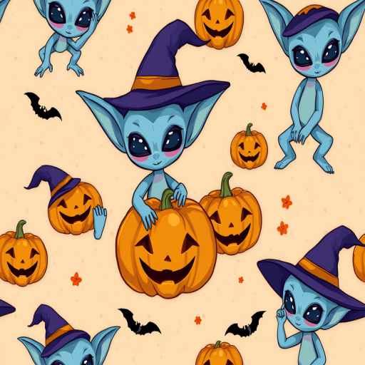 Create a seamless pattern featuring a cartoon character resembling an alien with large ears and blue skin interacting with pumpkins and wearing a witch hat. Include elements like smiling jack-o'-lanterns and small bats against a light orange speckled background.