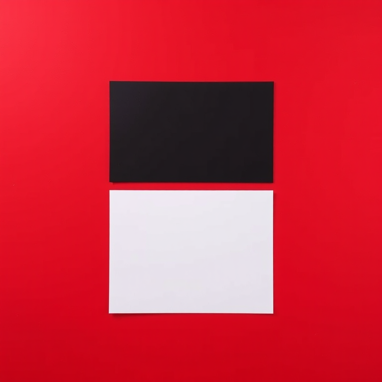 Create a flat design image featuring a black rectangle on the top left, a white rectangle beneath it, and a large red background, captured with a DSLR camera at f/8 aperture, ISO 100, 50mm lens, in landscape orientation, using a high dynamic range style for enhanced detail and color vibrancy.