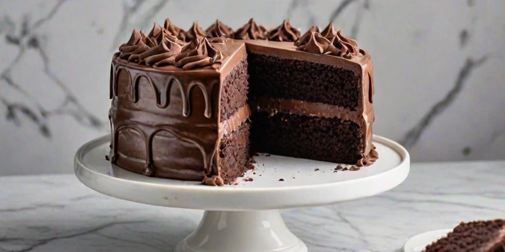 Create an image of a rich chocolate cake on a white cake stand. The cake should have a glossy chocolate frosting and a slice cut out to reveal layers of dark chocolate cake and a creamy white filling in between the layers. The background should be a simple marble texture to enhance the cake's appearance.