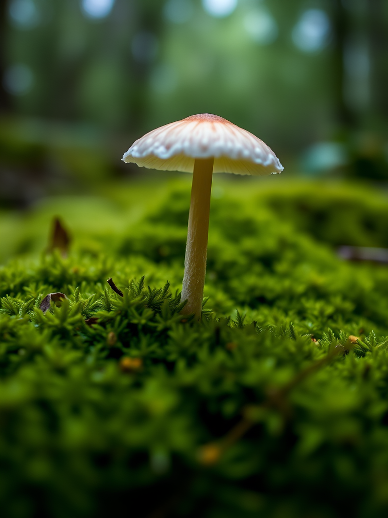 A close-up of a delicate mushroom with a pale cap rising from lush green moss, surrounded by a softly blurred forest background, shot with a DSLR camera at f/2.8, ISO 100, 1/250s, with a macro lens for enhanced detail and depth of field.