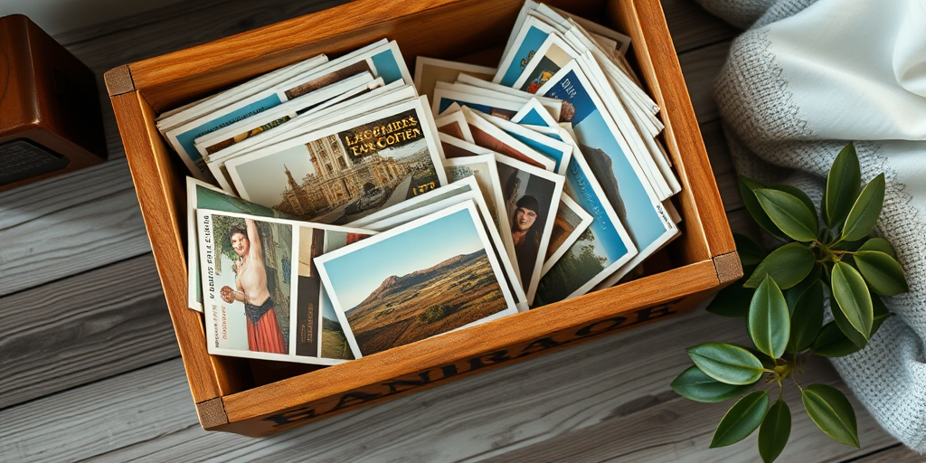 Create a high-resolution image of a vintage wooden box filled with assorted postcards, well-lit with soft natural light, captured from a top-down angle, using a DSLR camera with a 50mm lens at f/2.8, ISO 100, and a shutter speed of 1/125s.