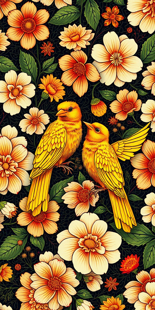 Regenerate the image with a detailed floral pattern featuring two golden birds surrounded by intricate flowers, using a DSLR camera with a 50mm f/1.8 lens, aperture set to f/2.8, ISO 100, and a soft focus effect for depth, shot in natural light for enhanced color vibrancy.