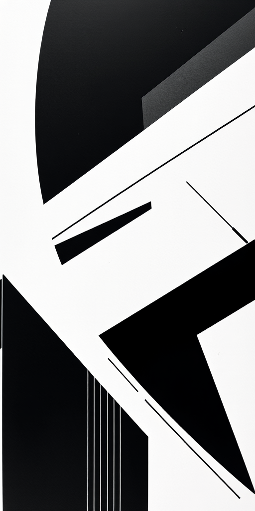 Generate an abstract black and white design featuring geometric shapes and lines, captured with a Canon EOS R5, 50mm lens, f/1.8 aperture, ISO 100, shot in natural light from a top-down view.