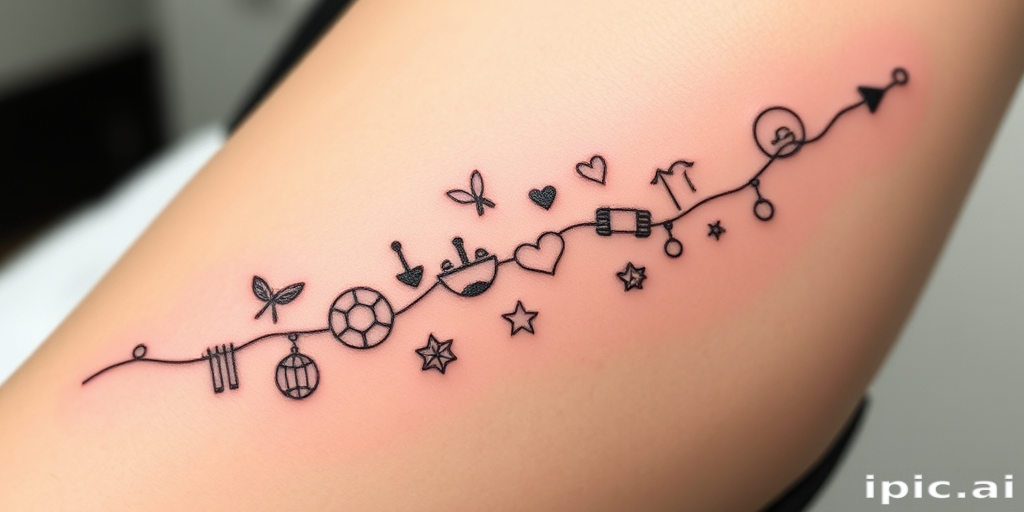 Minimalist fine line tattoo titled "Whispered Memories" showcasing delicate, hair-thin black lines forming a continuous single-line drawing that weaves together meaningful symbols and imagery, such as a person's life journey or cherished memories, creating a subtle and deeply personal narrative on the skin