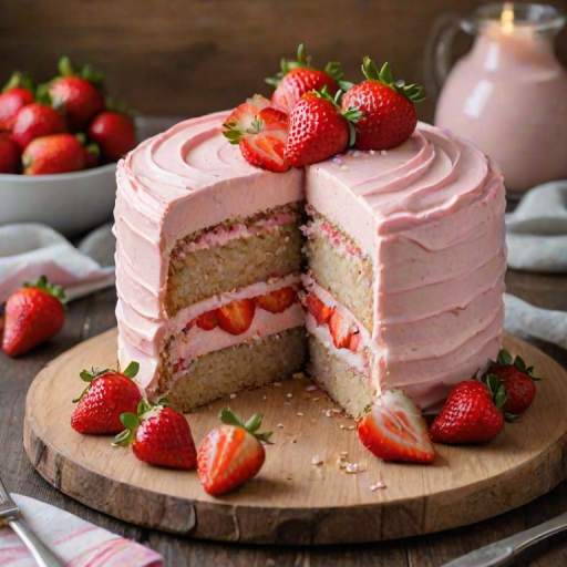 Generate an image of a beautifully decorated cake on a wooden platter. The cake is layered and features a light pink frosting, topped with fresh strawberries. A slice of the cake is cut out, revealing its moist texture. Surround the cake with scattered strawberries and a few utensils for serving. The background should be neutral to highlight the cake's vibrant colors.