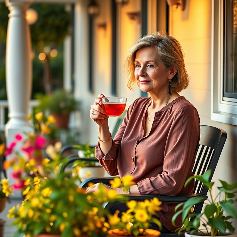 Warmly lit photo of a woman in her 50s, casually dressed in a stylish blouse, sitting on her porch surrounded by potted plants, sipping tea and enjoying a peaceful afternoon.