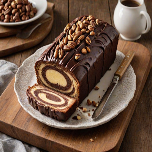 Create an image of a sliced loaf cake with a marbled chocolate and vanilla interior. The top should be covered in glossy chocolate ganache and sprinkled with caramelized nuts. Include some eggs and scattered nuts in the background for a rustic touch. Use a wooden knife beside the cake for serving.