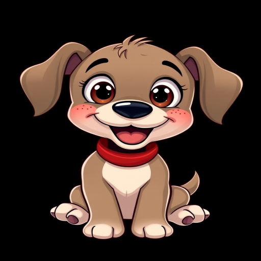 Create a cartoon illustration of a happy, playful puppy with big eyes and a red collar, using a digital illustration style with vibrant colors, set against a plain black background, captured with a high-resolution camera at 50mm focal length, f/2.8 aperture, and ISO 100 for enhanced clarity and detail.