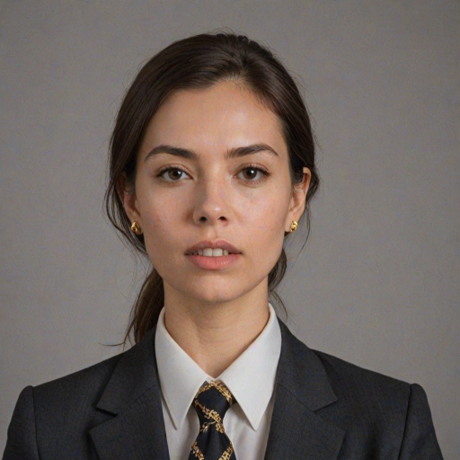 High quality passport photo of a woman wearing a suit and tie looking directly at the camera with her mouth closed and a neutral expression. She is also wearing a delicate gold chain and some understated diamond earrings.