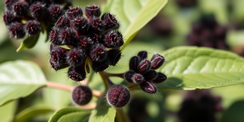 A detailed close-up of a flowering plant with dark, fuzzy blossoms and broad green leaves, captured in natural light, using a DSLR camera with a 50mm lens, aperture set to f/2.8, ISO 200, and a shallow depth of field for a soft background blur.