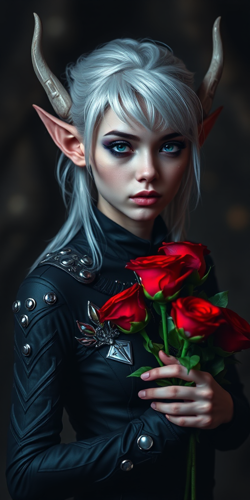 Create a character portrait of a futuristic elf with silver hair and glowing markings, wearing a studded black outfit and holding a bouquet of red roses, illuminated with dramatic lighting, shot with a DSLR camera at f/1.8, 50mm lens, ISO 100, aperture priority mode, natural bokeh background for depth.