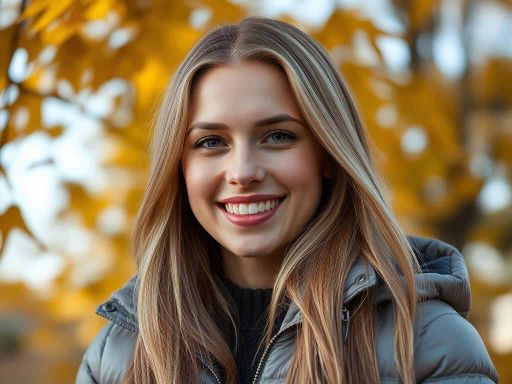 portrait of a woman with long blonde hair in a silver puffy jacket smiling in front of autumn leaves, shallow depth of field, shot with a DSLR camera, 50mm lens, f/1.8 aperture, ISO 100, soft natural lighting