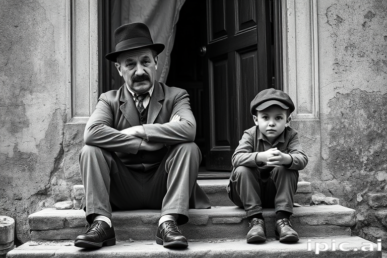 A black-and-white photograph of a man and a child sitting on steps in front of a doorway. The man is dressed as a tramp with a bowler hat, mustache, and ragged clothes, reminiscent of Charlie Chaplin's iconic look. He is sitting with his arms crossed and an expression of slight sadness or frustration. Next to him is a young boy, also in worn clothes and a cap, sitting with his hands clasped, looking thoughtful. The background is an old, textured wall and a partially open door, creating a vintage, early 20th-century atmosphere.
