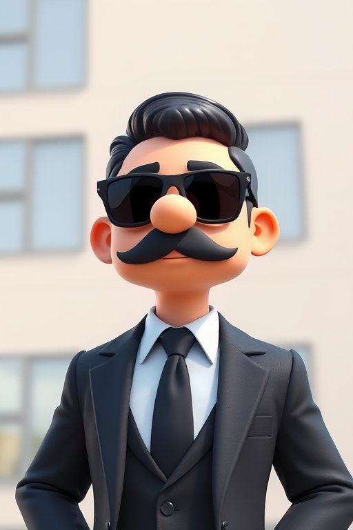 Create a high-resolution image of a cartoon bodyguard in a suit with sunglasses standing confidently, shot with a Canon EOS R5 at f/2.8, ISO 100, 50mm lens in natural light for enhanced clarity and detail.
