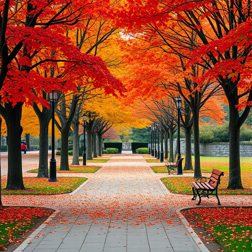 capture a serene autumn park pathway lined with trees showcasing vibrant red and orange leaves, with benches and a stone wall in the background, use a Canon EOS R5, 35mm lens, aperture f/8, shutter speed 1/250s, ISO 200, natural light, focus on depth of field to enhance details in the foreground and background