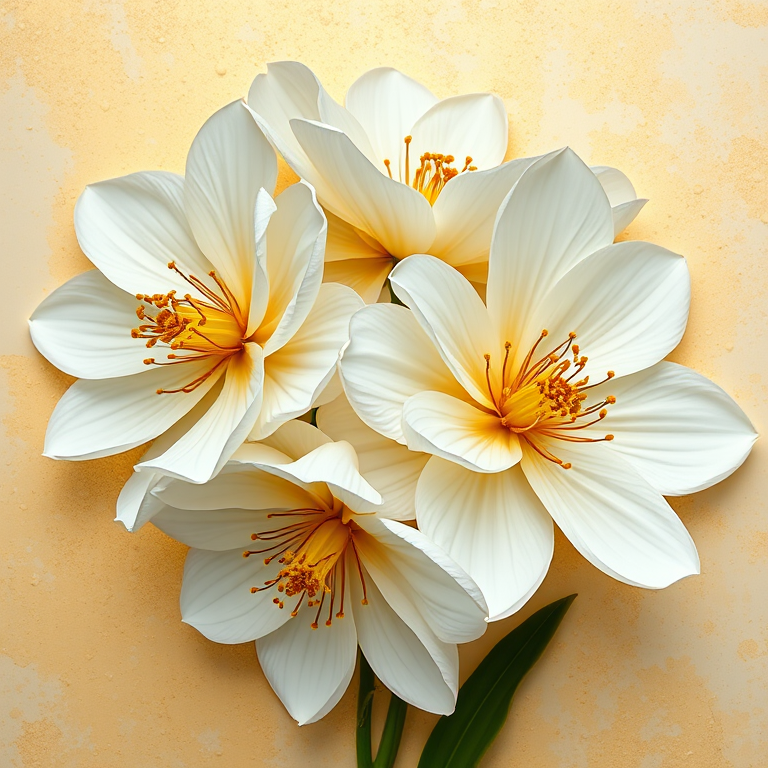 Create a detailed still life painting of three large white flowers with golden accents against a textured gold and cream background, captured with a Canon EOS R5, 50mm f/1.2 lens, in natural light, using a macro photography style to emphasize the floral details.