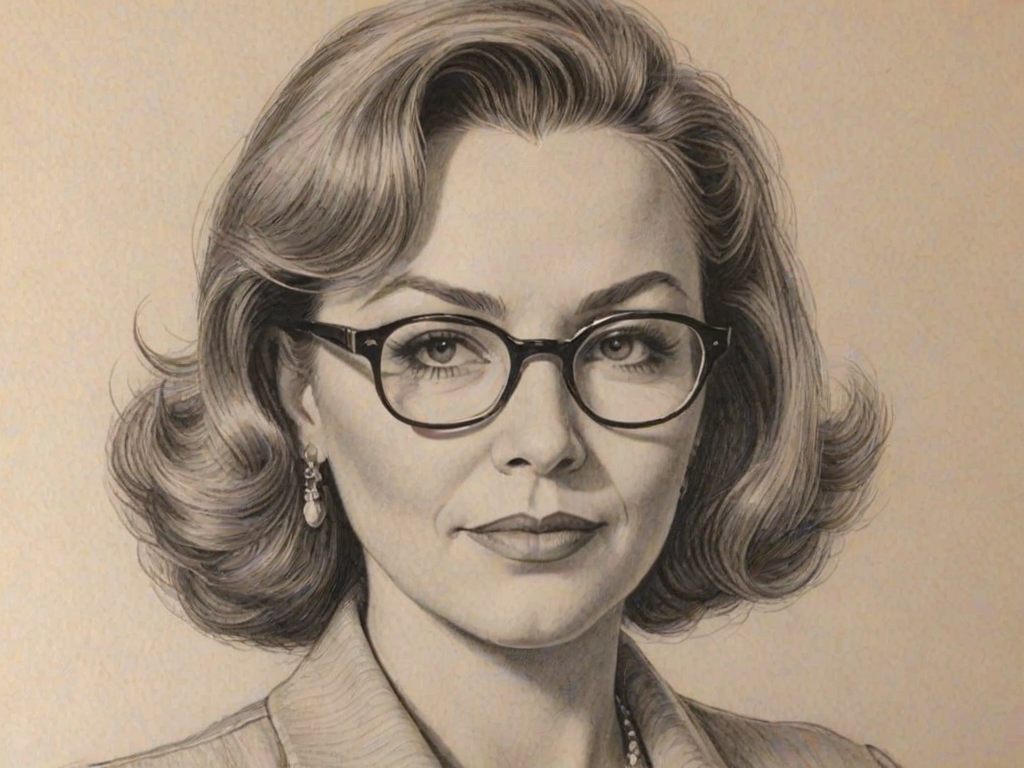 Alluring Rosanne Barr, pencil sketch, portrait of Resplendent woman 1939s in glasses, hair style beatnik, outline, clear lines, fine lines, 8k