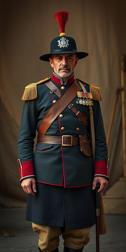 Create an image of a historical figure in a traditional military outfit standing confidently, full-body portrait, shot with a Canon EOS R5, 50mm lens, f/1.8 aperture, ISO 100, natural lighting, emphasis on detailing and texture in clothing.