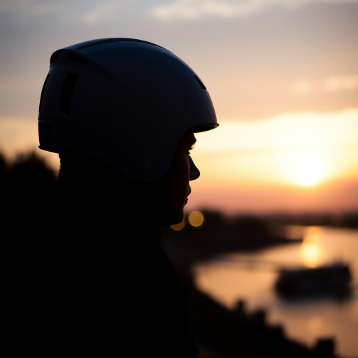 A silhouette of a person wearing a white helmet, gazing thoughtfully at a sunset by a river, with soft bokeh lights in the background and a calm atmosphere.