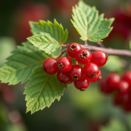 Regenerate the image of a cluster of red currants with a detailed green leaf, using a Canon EOS R5 camera, 50mm lens, aperture f/2.8, shutter speed 1/125s, ISO 100, soft natural lighting, and a shallow depth of field for enhanced quality.