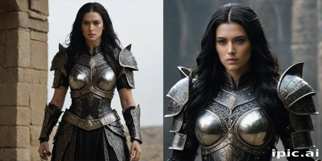 Create a photo of a fierce female warrior with long black hair, wearing an ornate, metallic armor. The armor includes a breastplate with intricate designs, shoulder guards, and gauntlets. The breastplate is decorated with a central emblem, possibly representing a mythical symbol, and has a sculpted, form-fitting design. She wears a belt with a large skull ornament at the center, and her armor extends into a partial skirt, revealing one leg. The overall look is both protective and stylish, with a dark, gothic aesthetic. The background is dimly lit, suggesting a medieval or fantasy setting, enhancing the warrior's imposing presence and intense expression.
