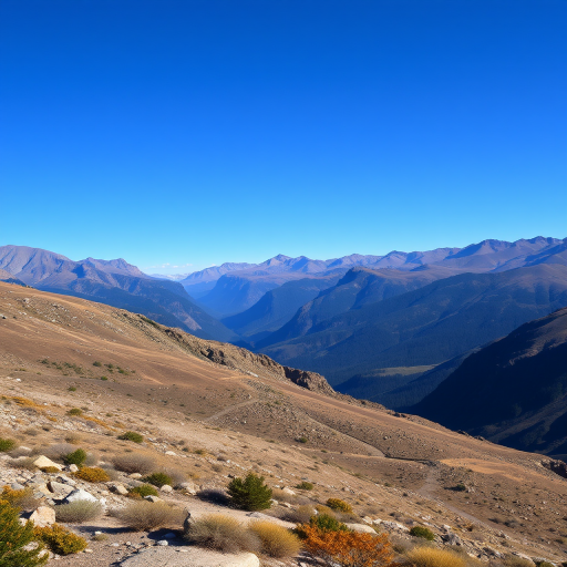capture a high-resolution landscape photograph of a mountainous terrain with a clear blue sky, using a Canon EOS 5D Mark IV, 24mm focal length, aperture f/8, ISO 100, in a wide-angle view, emphasizing color vibrancy and depth of field