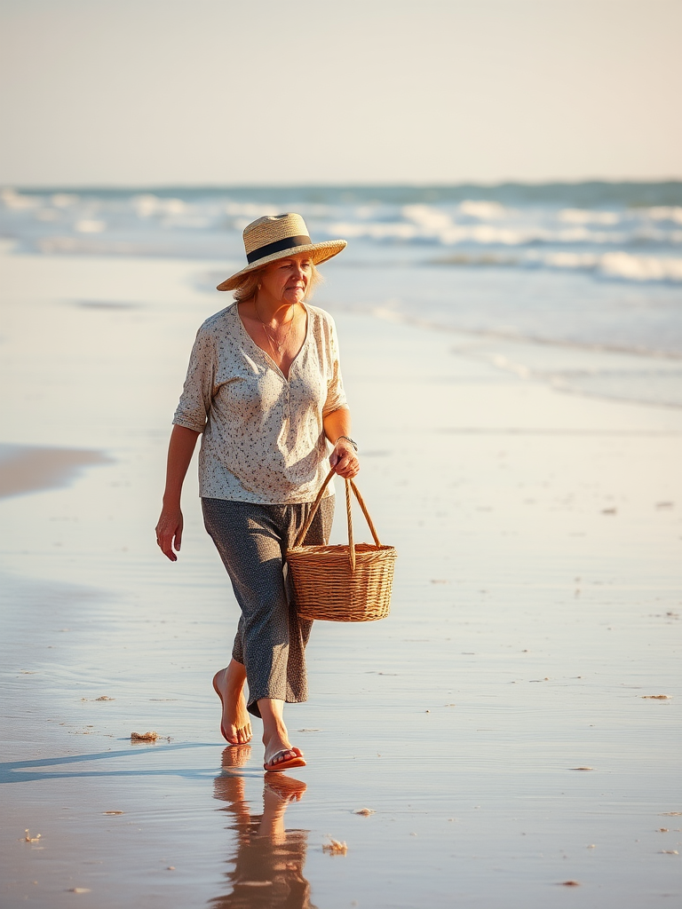 a senior woman walking along the beach during low tide, wearing a hat and holding a basket, soft sunlight, shallow depth of field, camera settings: f/4.0, ISO 100, shutter speed 1/200s, camera view: landscape, camera style: natural, camera type: DSLR