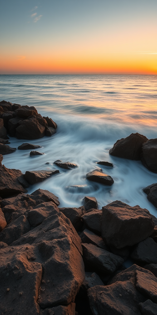 A serene coastal landscape at sunset with rocky formations in the foreground and soft waves lapping at the shore, shot with a Canon EOS R5, 24mm lens, f/11 aperture, ISO 100, 1/4 sec shutter speed, long exposure for smooth water effect, golden hour lighting.