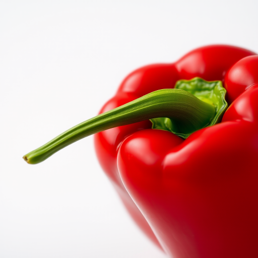 Create a high-resolution image of a glossy red bell pepper with a vibrant green stem, captured with a Canon EOS 5D Mark IV, 50mm lens, f/2.8 aperture, ISO 100, in soft diffused lighting for a bright and appealing look.