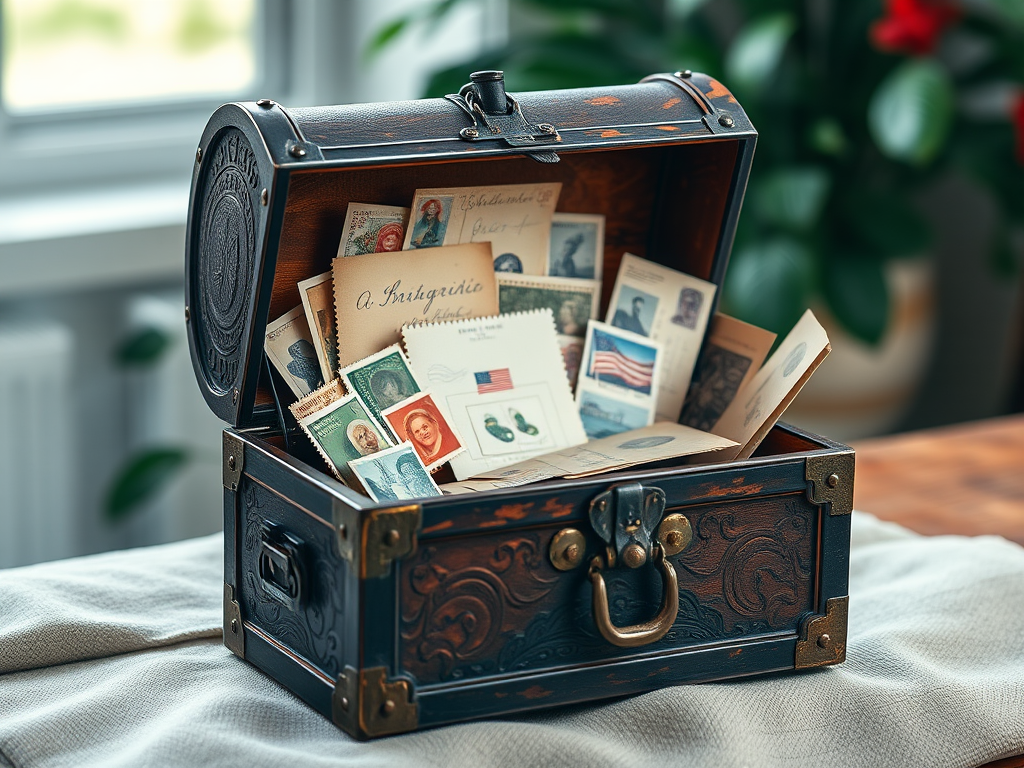 Create a high-resolution image of an open vintage treasure chest adorned with antique postcards and stamps inside a soft focus background, using a DSLR camera with a 50mm lens, f/2.8 aperture, ISO 100, and natural lighting to enhance details and colors.