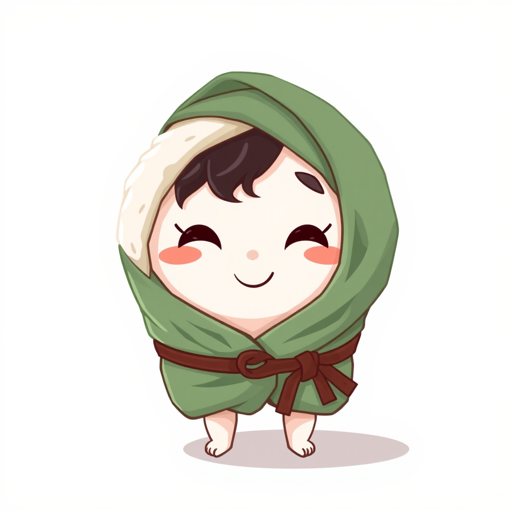 Create a cute cartoon illustration of a smiling rice ball character wrapped in a green cloth with a brown belt, using a DSLR camera, aperture f/2.8, ISO 200, 50mm lens, and soft natural lighting to enhance color vibrancy and details.