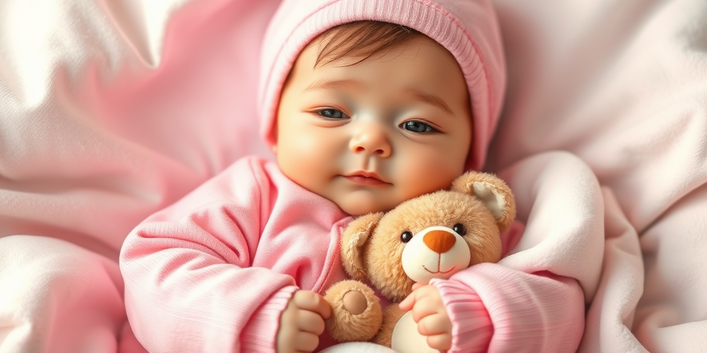 Create a cute digital illustration of a baby in pink pajamas holding a teddy bear and a security blanket, using a high-resolution camera with a 50mm lens, f/2.8 aperture, and soft lighting, captured from a close-up angle to enhance details and colors.