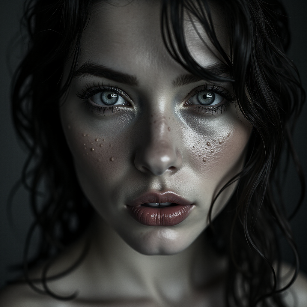 a striking portrait in the style of black-and-white photography, dramatic high-contrast lighting eloquently tracing the intricate details of hand-drawn pen strokes, a beautiful Nordic woman tousled hair and shining, focus on blue eyes and red lips, radiating with intensity portrait that highlights her dark , wet, . The monochromatic statement features her pale skin colored by tiny beads of sweat and water droplets, showcasing a hyper-detailed composition that focuses entirely on her unforgettable face. The stylized composition basks in atmosphere and mystery, created by the powerful, piercing gaze of the water-driven Nordic woman as she commands an intense and mesmerizing aura within the limited frame. Composed to evoke a sense of nostalgic wonder, this portrait perfectly captures the essence of a bygone era.